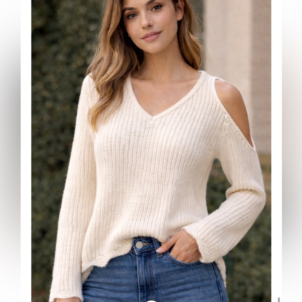 Venus V-neck ribbed knit sweater in cream/ivory, wide bell sleeves,scalloped hem